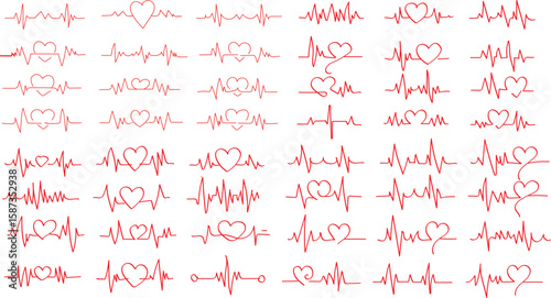 A collection of heartbeat cardiogram lines creatively integrated with heart shapes, perfect for medical or romantic designs, transparent background