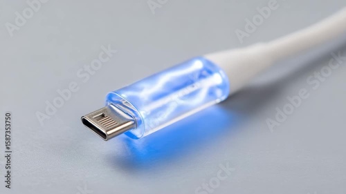 A close-up of a charging cable, the blue light shines beautifully