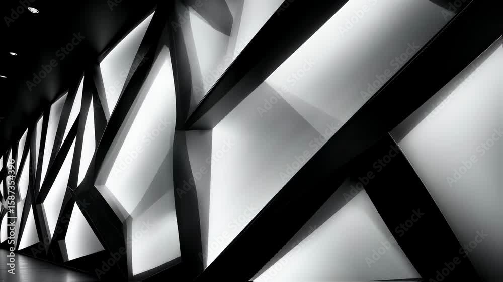 Sharp angular shapes emerge from a backdrop of negative space their contrasting black and white surfaces gliding past each other like shadow and light. The design conveys a sense of