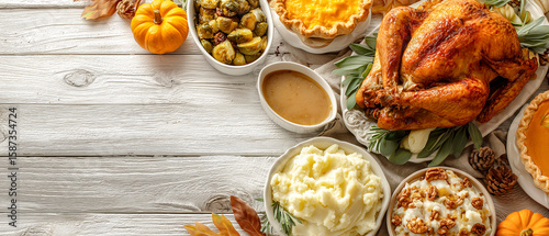 Traditional thanksgiving dinner spread with roasted turkey mashed potatoes and pumpkin pie