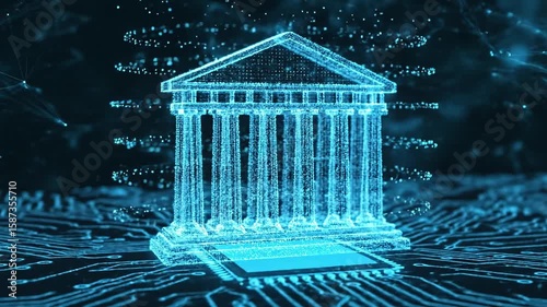Digital Banking Concept, Futuristic Bank Building on Circuit Board, Fintech Technology


