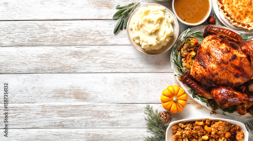 Delicious thanksgiving feast with roast turkey mashed potatoes gravy and pie