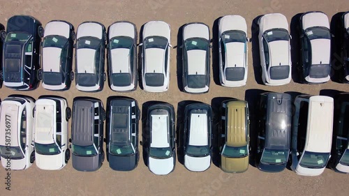 Almaty, Kazakhstan - July 03, 2025: Two rows of new Hyundai cars in a parking lot