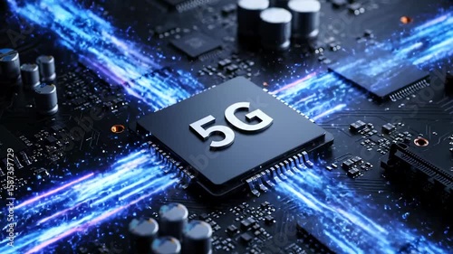 5G Technology Chip on Motherboard, High Speed Data Transfer, Futuristic Circuit

