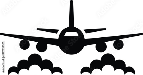 Airplane Silhouette Flying Through Clouds Vector Illustration.