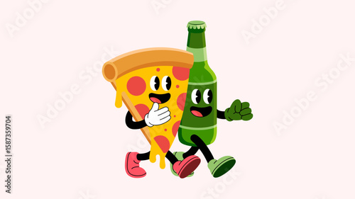 Happy cartoon pizza slice and beer bottle walking together
