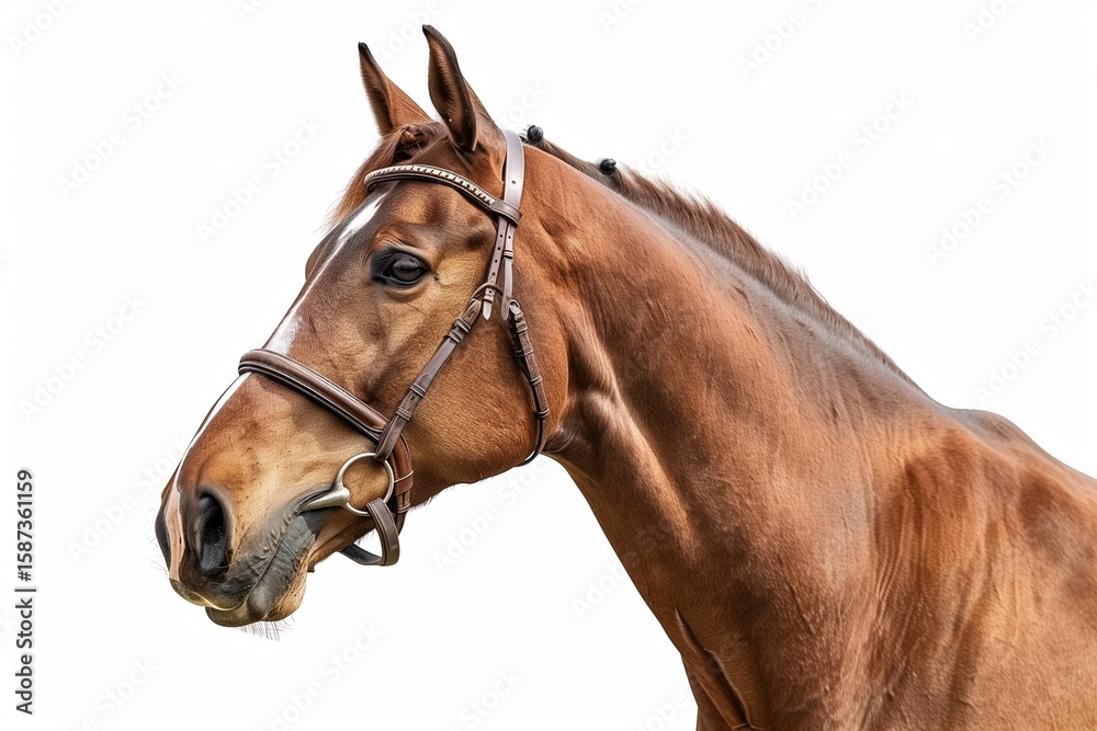 Fototapeta premium Close-up of brown horse head with bridle, clean white background.