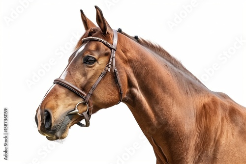 Close-up of brown horse head with bridle, clean white background.