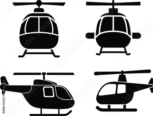 Black Helicopter Silhouettes Collection for Aviation and Transport Designs.