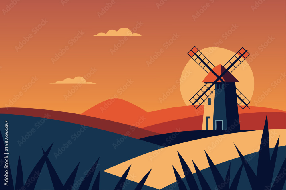 Obraz premium An old Dutch windmill stands tall against a vibrant blue sky as the sun sets over the European