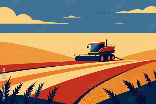 A powerful combine harvester machine working on a field at sunset, a truck parked nearby
