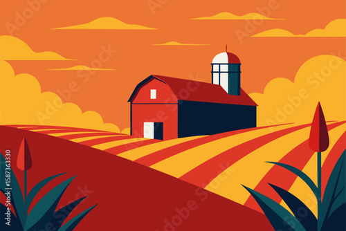 An old European church stands silhouetted against a vibrant sunset sky, surrounded by a rural landscape