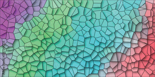 Colorful abstract mosaic design featuring cell structure with gradients of blue green purple and red tones seamlessly blended