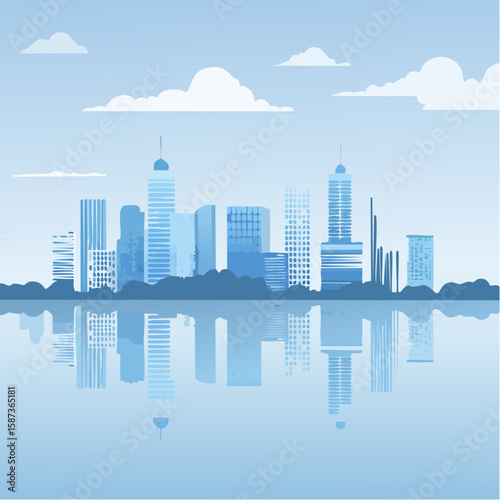 Serene cityscape reflected in calm waters, showcasing a modern skyline under a peaceful sky.
