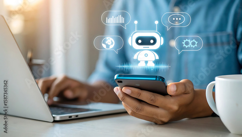 Person using smartphone with ai chatbot interface and digital icons for global business and analytics