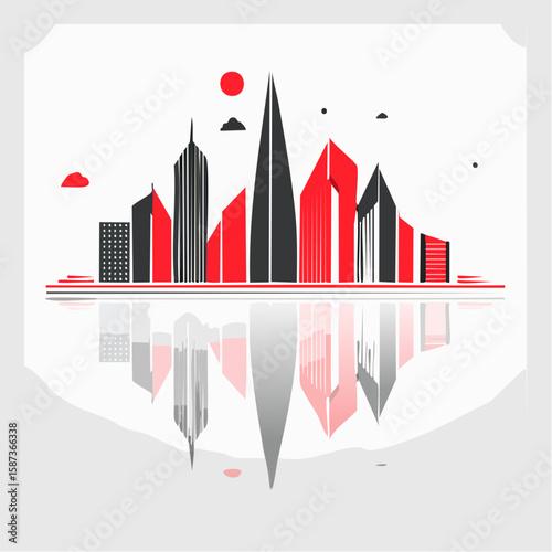 Stylized cityscape reflected in calm water, featuring red and black skyscrapers under a simple sun.