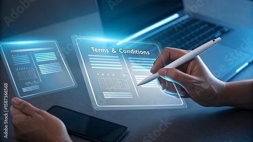 Person using stylus to sign digital terms and conditions on a futuristic transparent screen