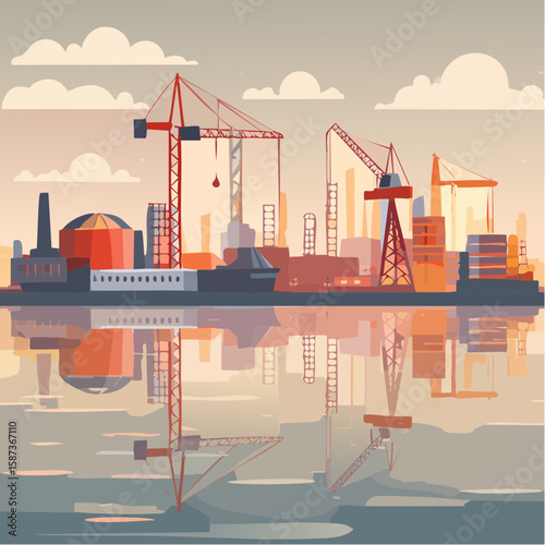 Industrial harbor at sunrise, reflected in calm water, showcasing construction cranes and factory buildings.