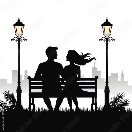 Couple on bench with streetlights and cityscape sitting park