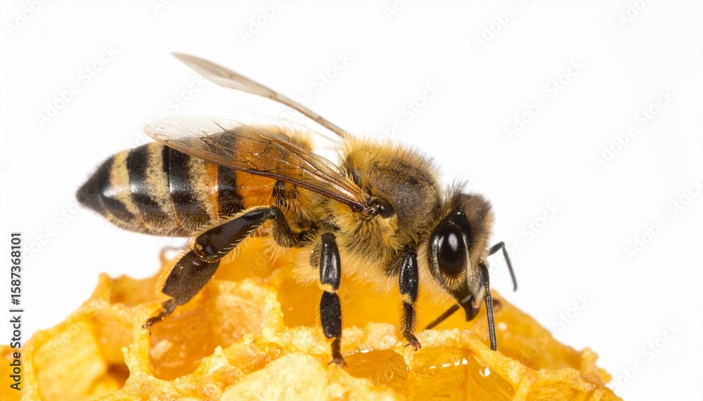 Honeybee on Honeycomb Closeup of Insect, Honey, Nectar, Hive, Wings, Legs, Antennae, Pollen Honeybee on Honeycomb Closeup of Insect, Honey, Nectar, Hive, Wings, Legs, Antennae, Pollen