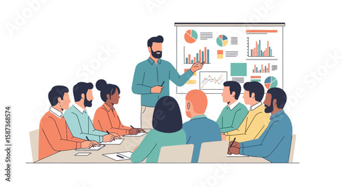 Business Presentation Bearded Man Explaining Charts to Colleagues in Meeting.