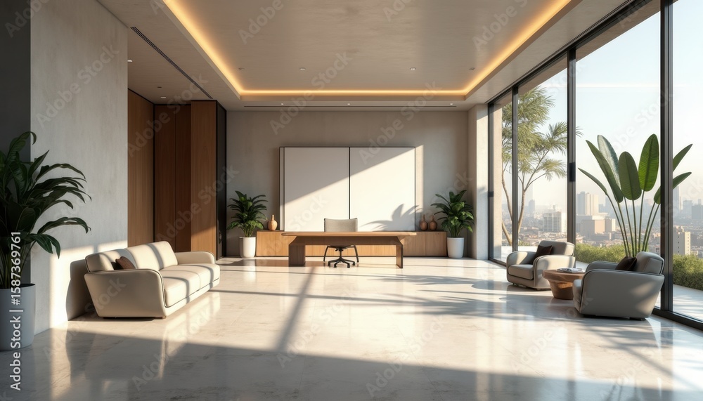 Fototapeta premium Grand modern office with long wooden desk comfortable seating and panoramic city views