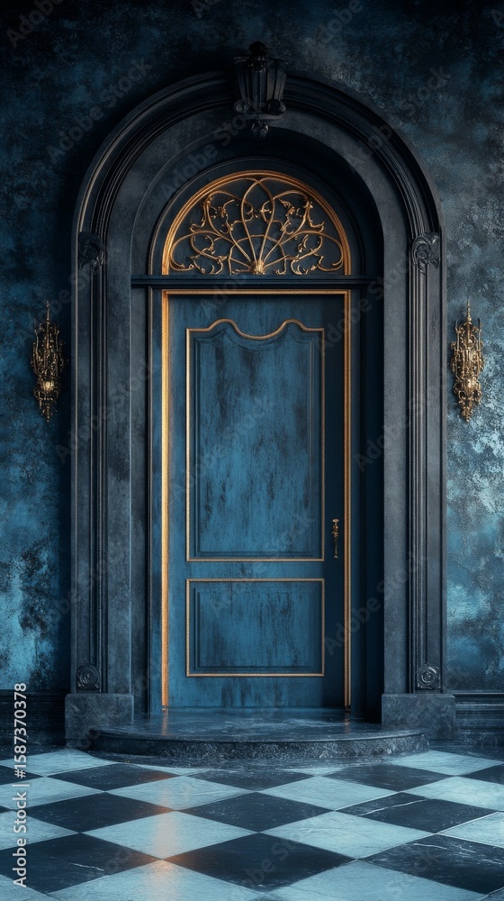 Entering a Blue Paneled Doorway with Checkerboard Floor Entering a Blue Paneled Doorway with Checkerboard Floor