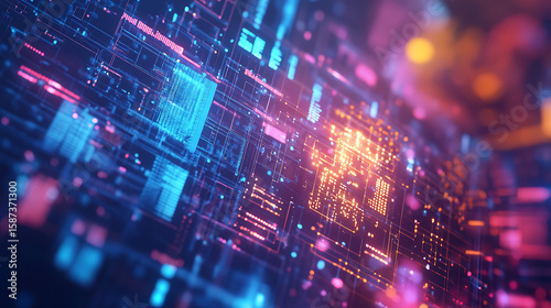 A computer chip is the center of a cityscape. The chip is surrounded by a network of wires and circuits, and it is surrounded by a city of buildings and vehicles. Concept of technology and innovation