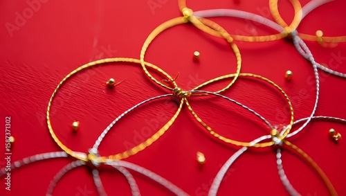 Japanese Mizuhiki Rings: Intertwined Gold & Silver on a Red Background Frame