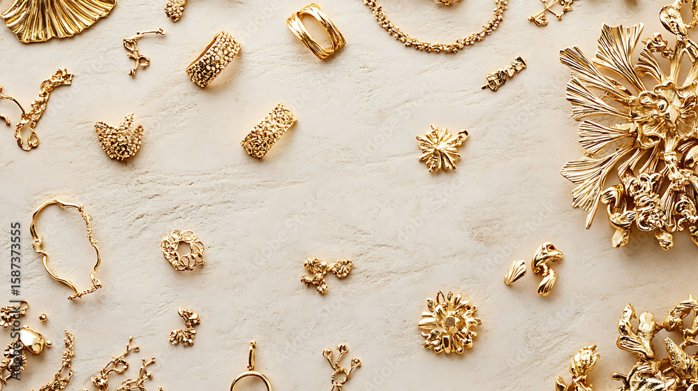 Fototapeta premium Light textured background with scattered layout of various handmade gold jewelry pieces showing natural imperfections and artistic detail