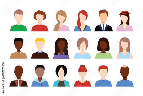Diverse People Avatar Collection: A collection of flat design avatar, showcasing a diverse range of people with various hairstyles and clothing, ideal for use in user interfaces and online platforms.