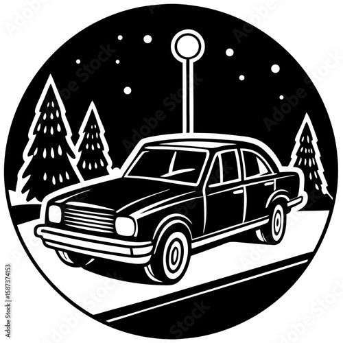 Classic Car Road Illustration with Stop Sign and Tree