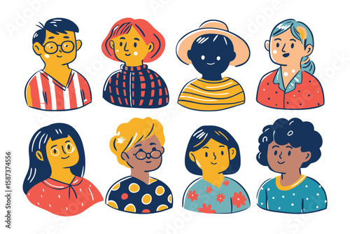 Diverse Group Portraits: An illustrative array of diverse people, each with unique styles and expressions. These portraits offer a glimpse into individuality and celebrate the beauty of human variety.
