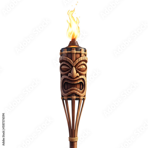 Flaming tiki torch against black background