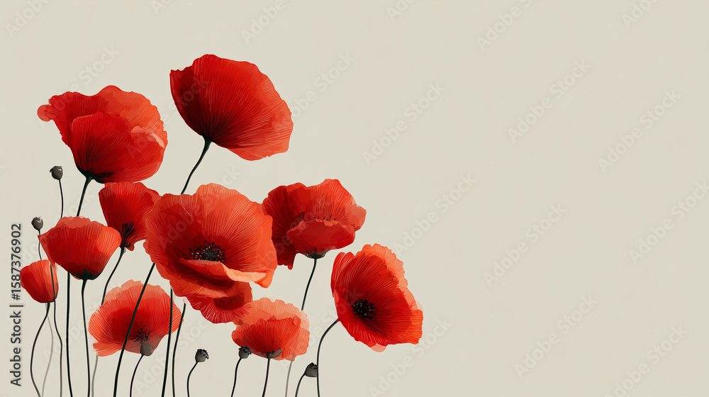 Obraz premium Poppies in Bloom: A vibrant collection of radiant red poppies blossoms against a neutral backdrop, evoking sentiments of tranquility, renewal, and the enduring essence of beauty.