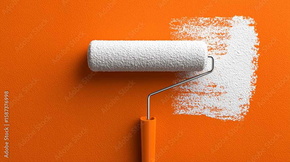 Obraz premium Painting the Canvas: A close-up shot showcases a paint roller applying a fresh coat of white paint onto an vibrant orange wall. A symbolic representation of renewal and creative transformation.