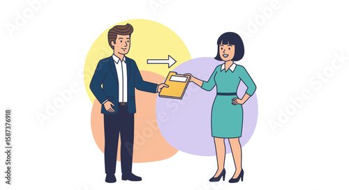 Business Illustration Man Passing Yellow Folder to Woman with Arrow.
