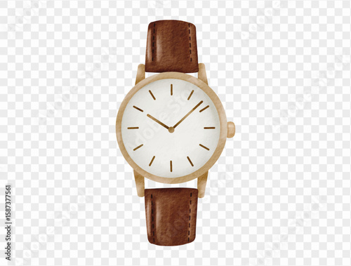 Watercolor wristwatch brown leather strap summer fashion accessory. Vector.