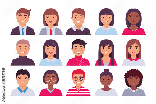 Smiling Portraits: A diverse collection of smiling face illustrations representing different people and backgrounds. A perfect visual for community, diversity, and positive expressions.
