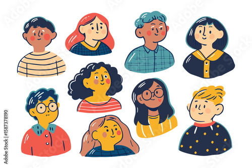 Vibrant Portrait Collection: A collection of colorful illustrations of diverse individual faces, radiating unique character and individuality, inviting a glimpse into the inner world.