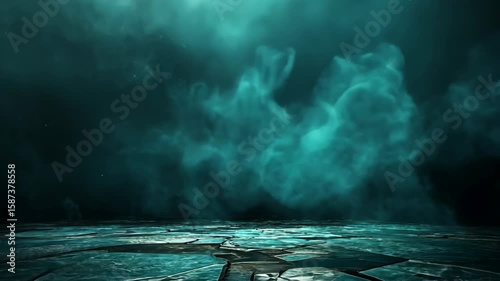 Mysterious underwater scene with dark swirling clouds and cracked stone floor, evoking intrigue