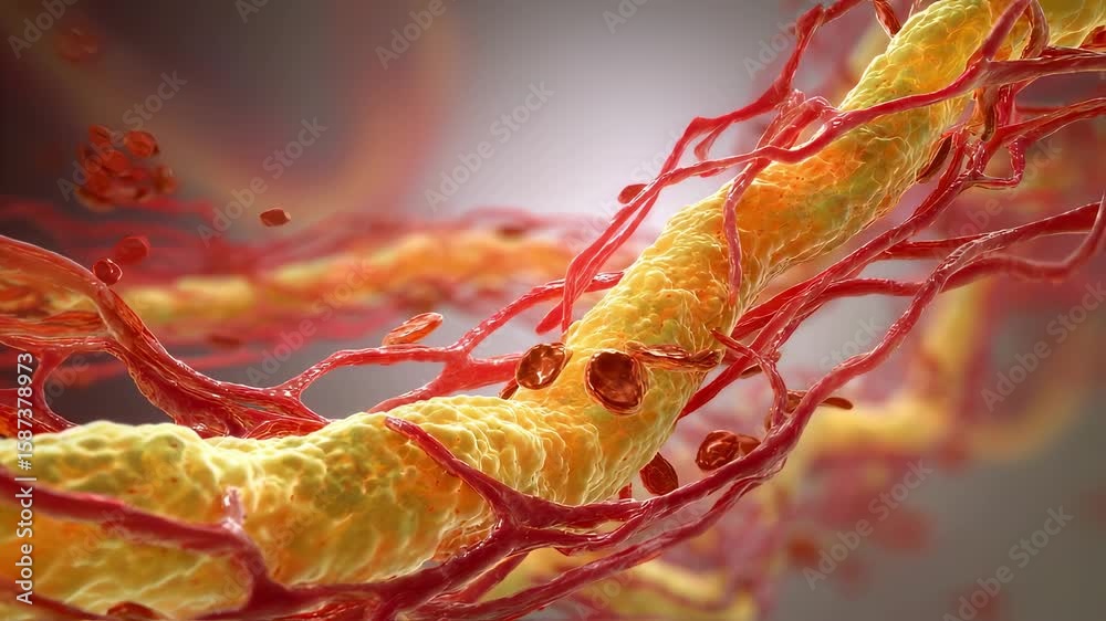 A closeup 3D visualization of a blood vessel obstructed by a yellowish fatty plaque illustrating the effects of high cholesterol. The animation emphasizes the contrast between healthy
