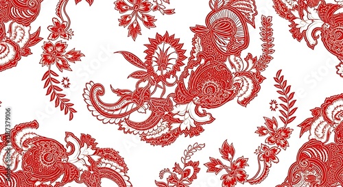 Indonesian Independence day Background Wallpaper. Crimson Paisley Flourish Intricate Red and White Floral Textile Design.