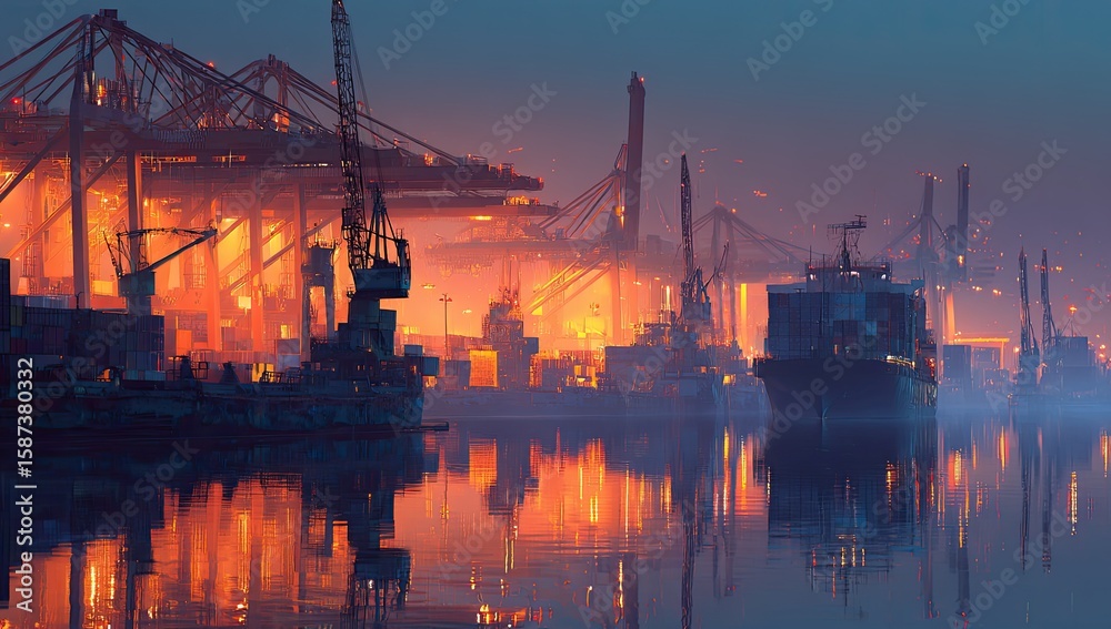 Obraz premium Port at dawn, cranes, ships, cargo, misty