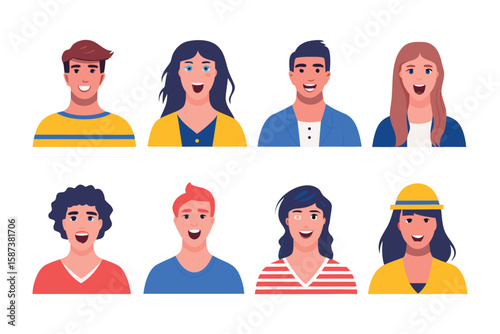 Diverse Portraits of Happiness: A collection of diverse, hand-drawn illustrations showcase individuals expressing happiness.