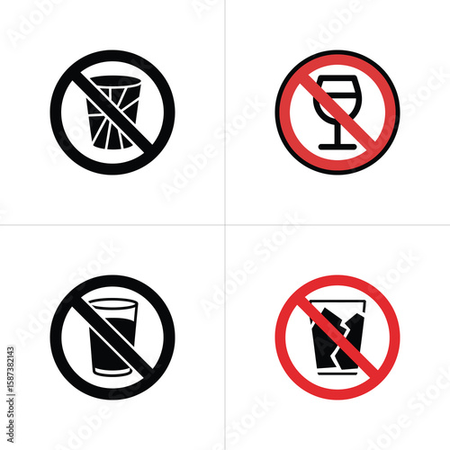 Prohibited Drinks No Waste, Wine, Beverages, or Broken Glass Symbol Set on White Background