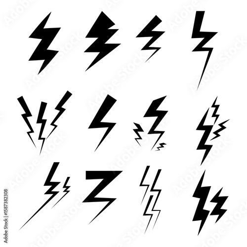 Set of lighting storm energy in flat design on white background. Lighting black icons set. Vector illustration.