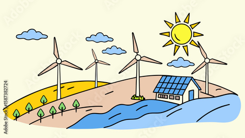 Eco friendly landscape with wind turbines solar panels and a house