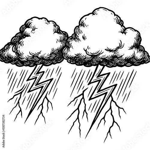 Hand drawn stormy rain clouds with lightning and heavy rain