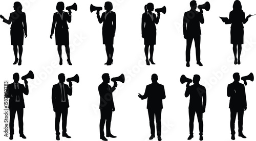 Silhouette group of business professionals shouting into megaphones, communication strategy, leadership, corporate teamwork, marketing concept, public speaking, vector
